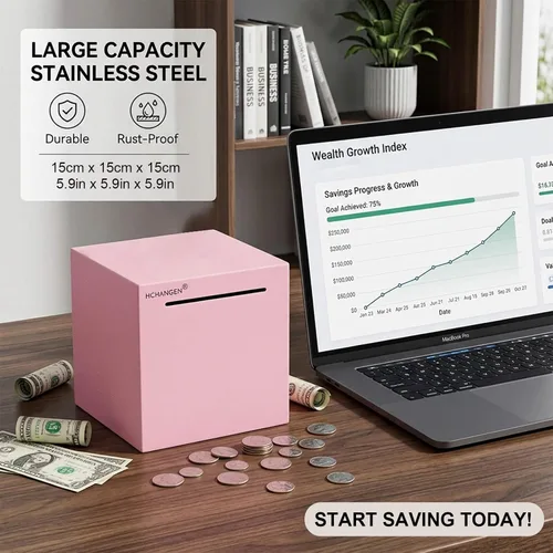 Miniatura 6 de Alcancía irrompible para adultos, banco de dinero de acero inoxidable para ahorrar dinero real, caja de ahorro imprescindible para abrir, caja