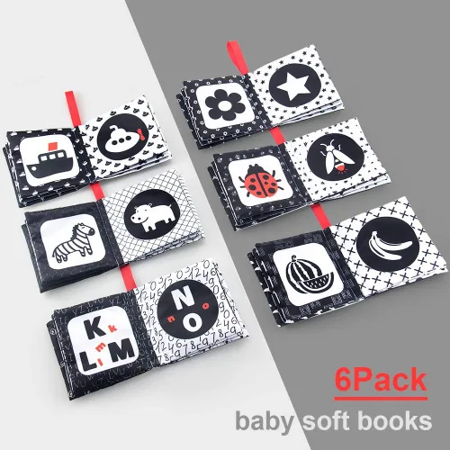 Miniatura 4 de teytoy My First Soft Book, 6 piezas de tela no tóxica para actividades arrugadas en blanco y negro para bebés, niños y niñas, juguetes educativos