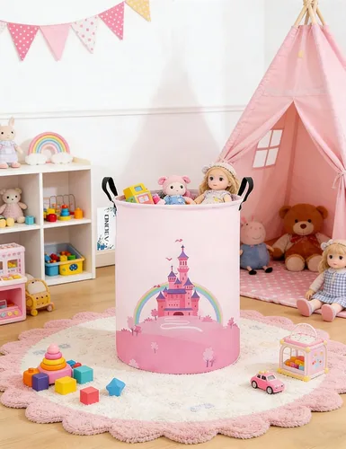 Miniatura 4 de Cesto de Ropa Sucia, Cesta de Almacenamiento Redonda Impermeable con Asa, Plegable, Castillo Rosa, 19.7 pulgadas (Alto) x 15.7 pulgadas (Diámetro)