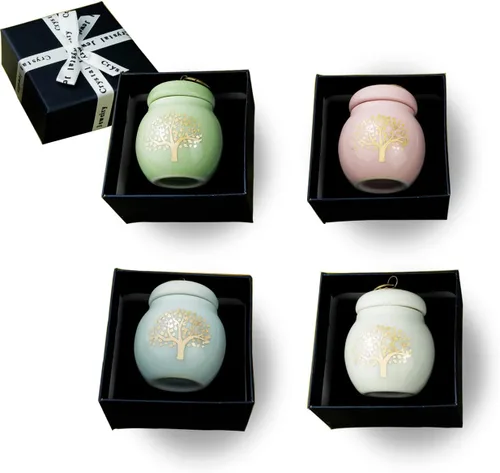 Miniatura 7 de Juego de 4 pequeñas urnas de recuerdo de cerámica para cenizas, mini urna decorativa del árbol de la vida para adultos, humanos, hombres, mujeres