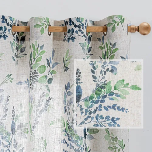 Miniatura 12 de MYSKY HOME Cortinas de lino para sala de estar, patrón de hojas, semitransparentes, cortinas verticales, decoración de estilo hawaiano, textura