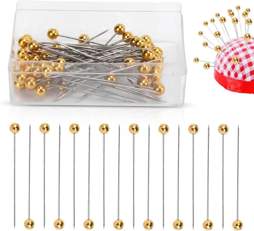 Alfileres de costura, 100 alfileres rectos, perlados dorados, alfileres rectos para tela recta, alfiler de acolchado con caja de plástico para