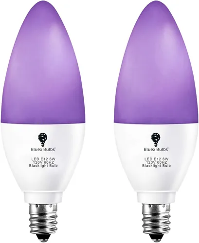 Paquete de 2 bombillas LED negras, 6 W, E12, nivel de bombilla de luz negra, 385-400 nm, pintura corporal, que brilla en la oscuridad, bombilla LED