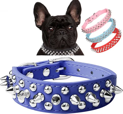 Miniatura 19 de Serijoars Collar para perro con clavos, de piel sintética suave con remaches de hongos, collar ajustable para cachorros (L, Rojo)