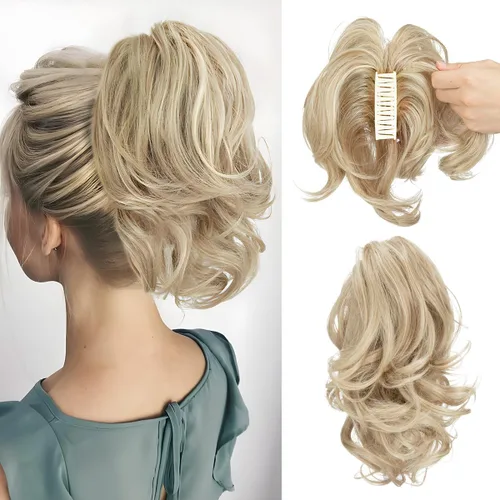 Miniatura 22 de CJL HAIR - Extensiones de cabello con pinza de garra para cola de caballo corta, trenza desordenada, sintéticas, maleables, para mujeres, cabello