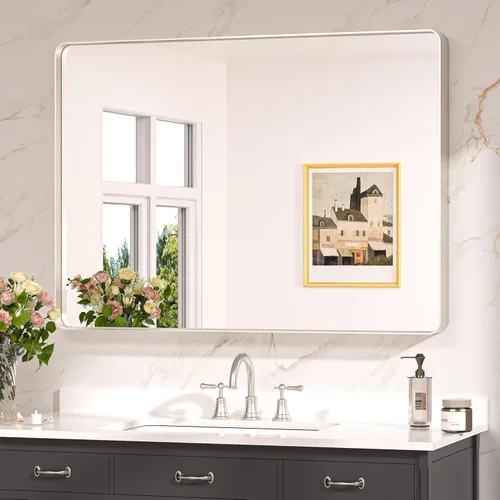 Miniatura 65 de Keonjinn Espejos de baño negros para sobre el fregadero, espejos cuadrados grandes de 36 x 36 pulgadas para pared, espejo rectangular redondeado