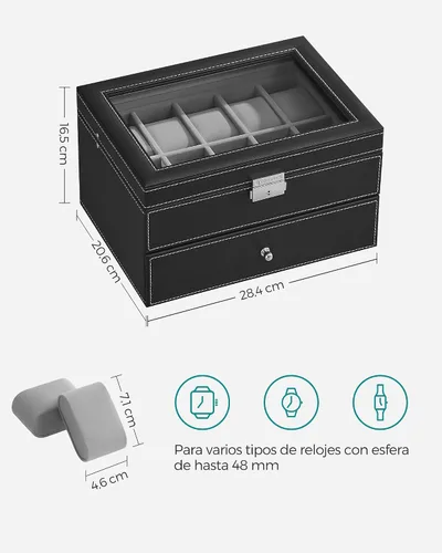 Miniatura 77 de SONGMICS UJWB012 - Caja de reloj de 12 ranuras, caja de reloj con cerradura con tapa de vidrio, 2 capas, con 1 cajón para anillos, pulseras, idea