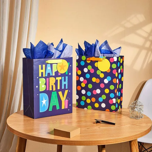Miniatura 5 de SUNCOLOR Paquete de 2 bolsas de regalo grandes de 13 pulgadas con papel de seda para él, feliz cumpleaños, bolsas de papel ecológicas con asas