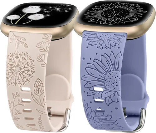 Miniatura 18 de Minyee Paquete de 2 correas grabadas florales compatibles con Fitbit Versa 4/Versa 3/Sense 2/Sense Band para mujer, lindo diseño de girasol