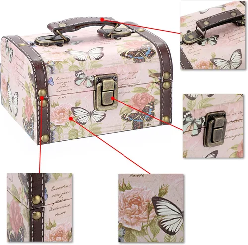 Miniatura 8 de ELLDOO Caja Decorativa de Cofre del Tesoro, Caja de Almacenamiento de Madera + Cuero PU para Joyas y Baratijas, Caja de Recuerdos para Mujeres