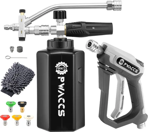 PWACCS Pistola de espuma para lavadora a presión con accesorio de doble conector, cañón de espuma de pistola de lavado de energía corta y kit de