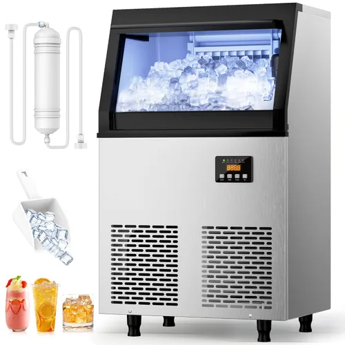 Coolski Máquina de hielo comercial, 200 libras por día, máquina de hielo independiente de acero inoxidable, 45 cubos en 12 minutos, autolimpiante,