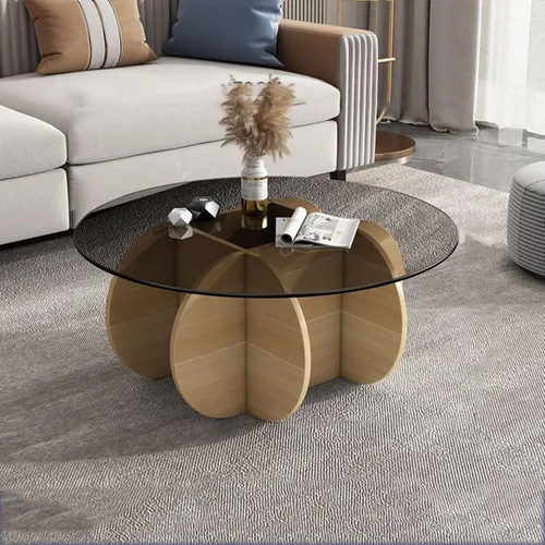 Miniatura 19 de HM&DX Mesa auxiliar redonda de cristal, base de madera maciza y parte superior de vidrio templado transparente, mesa auxiliar de café, mesa central