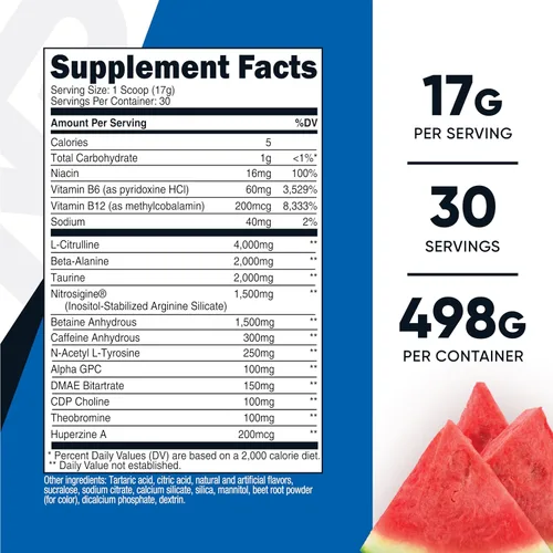 Miniatura 2 de Nutricost Pre-entrenamiento, sandía, 30 porciones, vegetariano, sin OMG y sin gluten (Pre-X)