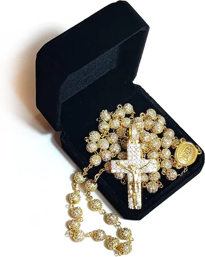 Miniatura 2 de Rosario de lujo de alta calidad, chapaleta de acero inoxidable con circonita, cruz católica, regalos católicos, Acero inoxidable, Circonita.