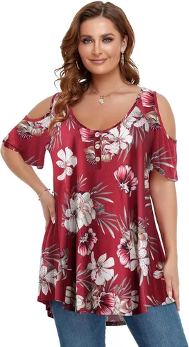 LARACE Camisetas con hombros descubiertos para mujer talla grande cuello en V manga corta ropa de verano túnica con botones