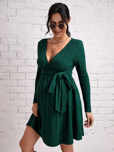 Miniatura 4 de MakeMeChic Vestido de maternidad para mujer, manga larga, cuello en V, acanalado, con cinturón, vestido de embarazo