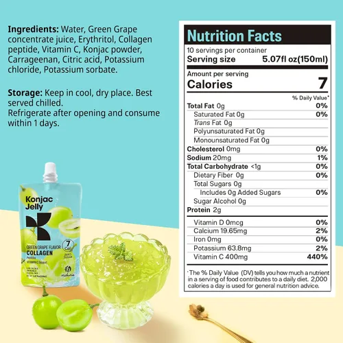 Miniatura 7 de Hethstia Konjac Jelly sabor a uva verde, 10 bolsas, gelatina de uva bebible con péptidos de colágeno, 7 Kcal, sin azúcar, sin gluten, keto, vegano