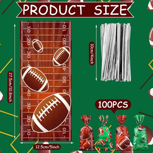 Miniatura 2 de Jetec 100 bolsas de celofán de fútbol americano marrón y verde, bolsas de regalo de fútbol con lazos para eventos de equipo deportivo, suministros