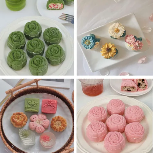 Miniatura 8 de Molde de prensa de pastel de luna de flores chinas rosadas, postre de pastel de luna prensado a mano, hojaldre de pastel de luna, 1 molde con 4