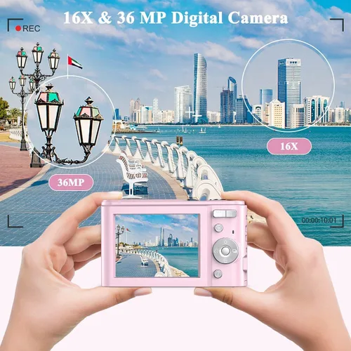 Miniatura 2 de Cámara digital 1080P 36MP para niños, cámara digital compacta para apuntar y disparar, zoom digital 16X, 2 baterías, cámara pequeña portátil