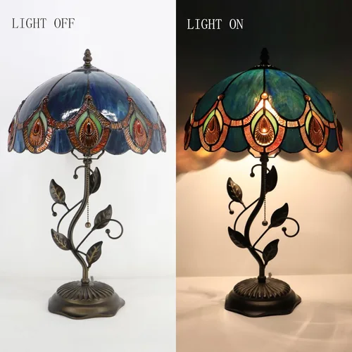 Miniatura 2 de Lámpara de mesa Tiffany, lámpara de escritorio estilo vidrio manchado, 12X12X19 Pulgadas, luz de lectura de mesita, base de hoja de metal