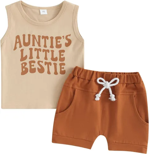 Miniatura 42 de Ropa de bebé niño sin mangas + pantalones cortos con estampado a rayas con bolsillos, 2 piezas de trajes de verano