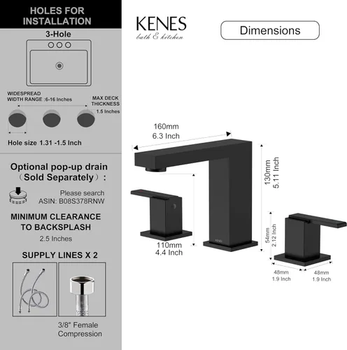 Miniatura 6 de KENES Grifo de Baño Extendido Negro Mate de Dos Manijas, Grifos de Lavabo de Baño Negro de 3 Orificios, 8 Pulgadas, Grifo de Tocador de Baño de 3