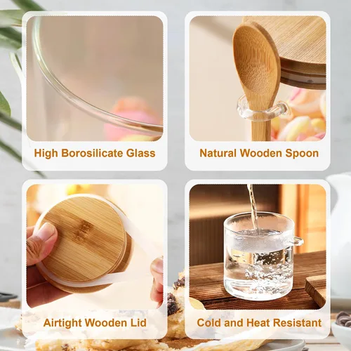 Miniatura 3 de MOLFUJ Recipiente de almacenamiento de vidrio transparente de 15 onzas con tapa hermética, pequeño recipiente decorativo con cuchara de madera