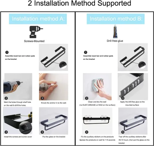 Miniatura 6 de Estante de vidrio templado para baño de 15.7 pulgadas con toallero, organizador de ducha de aluminio montado en la pared, gabinete de almacenamiento