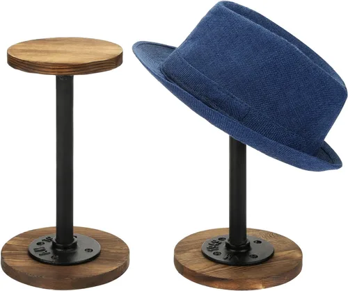 Miniatura 8 de MyGift 2 soportes para sombreros, perchero para sombreros de vaquero, organizador de gorra de béisbol con tubo de metal industrial, peluca o Madera