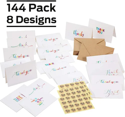 Miniatura 2 de Ohuhu 144 tarjetas de agradecimiento a granel con sobres, juego de notas de agradecimiento con elegantes 8 diseños de arcoíris coloridos, tarjeta