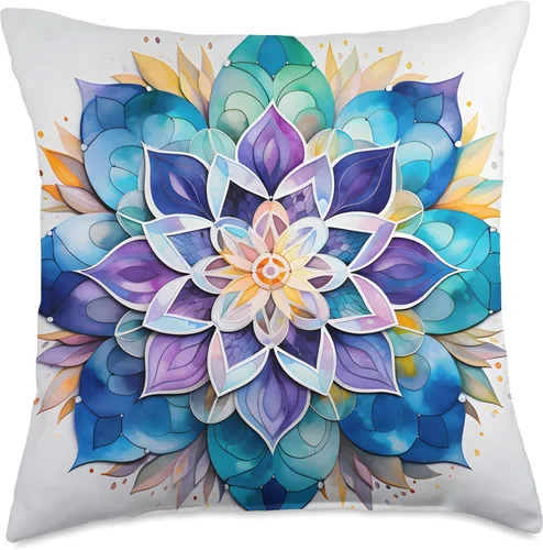 Miniatura 5 de Meditation Mosaics Almohada colorida con diseño de acuarela azul y mandala, 16 x 16, multicolor