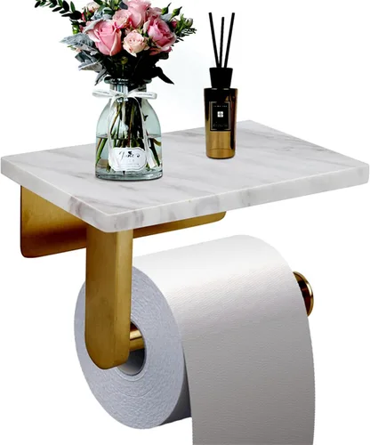 Miniatura 8 de Soporte de papel higiénico con estante de mármol natural para baño, soporte de pañuelos montado en la pared adecuado para rollo mega