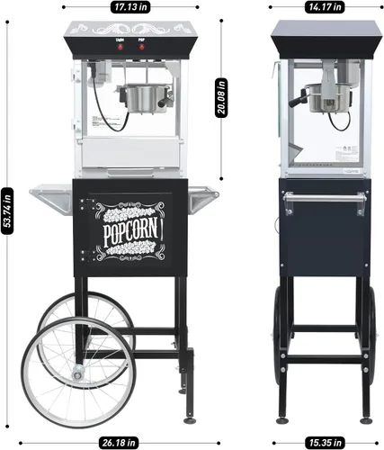 Miniatura 2 de Máquina de palomitas de maíz con carrito, con ruedas, cuchara de aceite de acero inoxidable, carrito móvil con taquillas para cine en casa Negro
