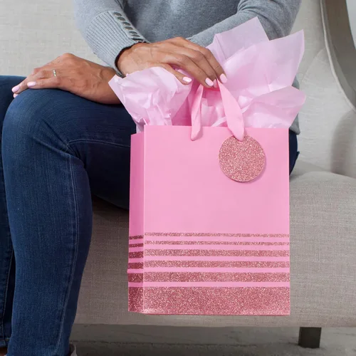 Miniatura 2 de Hallmark - Bolsa de regalo con papel de seda (tamaño grande), diseño de lunares, color rosa, M, Rayas rosadas medias