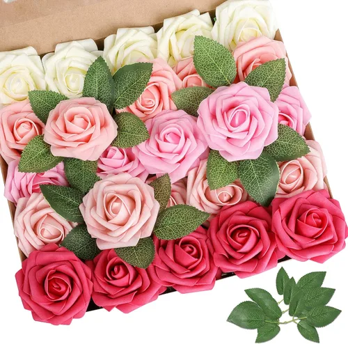 AmyHomie Serie de rosas artificiales de color rojo, 25 unidades, rosas falsas de aspecto real con tallo para ramos de boda, centros de mesa, Seriesa
