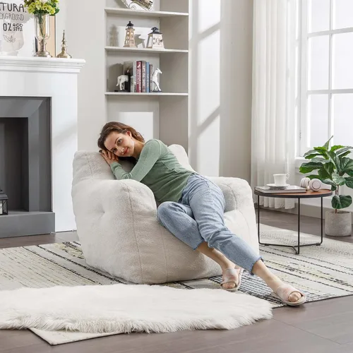 Miniatura 9 de Antetek Puf para adultos y niños, moderna silla decorativa de tela de peluche ultra suave para sala de estar, dormitorio, apartamento, marfil