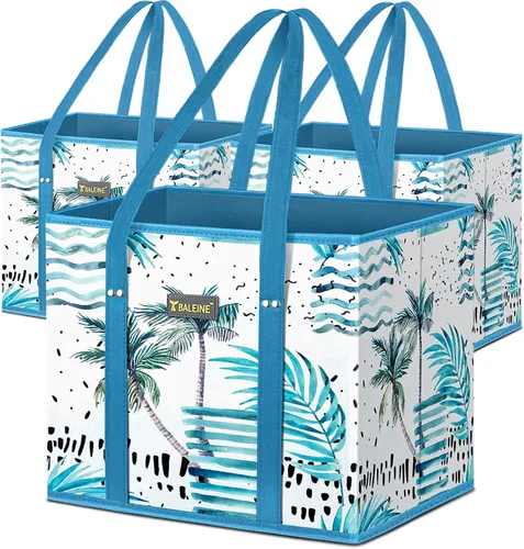BALEINE Paquete de 3 bolsas de comestibles reutilizables, bolsas de compras plegables para comestibles con parte inferior reforzada y asas (Island