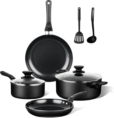 BECIGAR Juego de 8 piezas de ollas y sartenes de cerámica negra, juego de sartenes de cocina, juego de ollas de cocina, juego de sartenes de