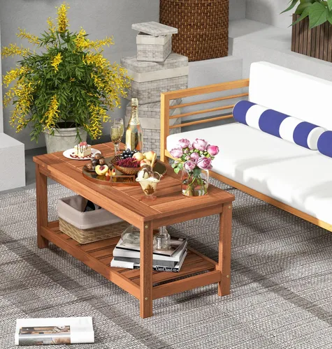 Miniatura 2 de Giantex Mesa de centro de madera dura para patio, mesa de centro de madera de 2 niveles con mesa de listones y estante de almacenamiento, mesa