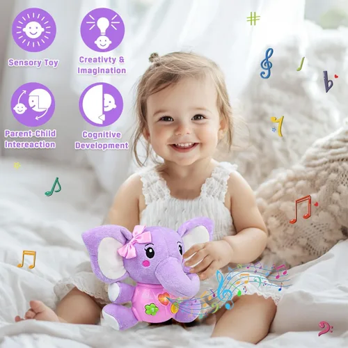 Miniatura 6 de Aitbay elefante musical de peluche, juguete para bebés de 0, 3, 6, 9 y 12 meses, juguete con luces para niños y niñas de 1 año, regalo para bebés