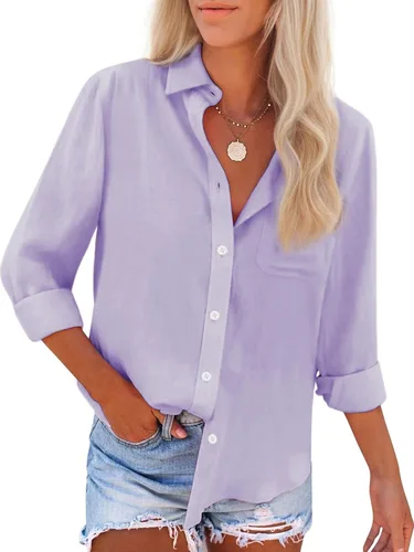 Miniatura 8 de Camisas de algodón con botones, para mujer, camisas de vestir Oxford, camisas de trabajo de manga larga, blusas con cuello y bolsillo
