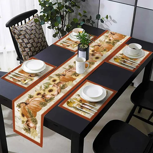 Miniatura 5 de Juego de 6 caminos de mesa y manteles individuales con diseño de calabazas de acuarela, color naranja otoñal, juego de tapetes de comedor de lino