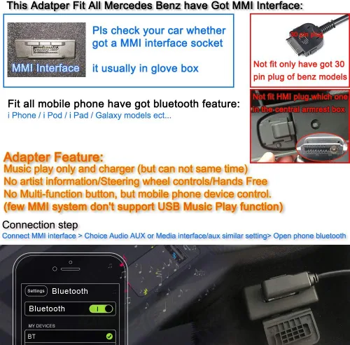 Miniatura 5 de Adaptador Bluetooth compatible con Mercedes Benz MMI Puerto Celular Apple iPhone iPod Android Dispositivos Capaces Play HiFi Music