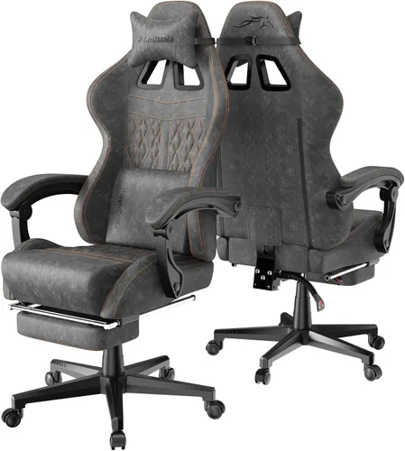 Miniatura 9 de Ferghana Silla vintage de piel sintética para videojuegos, silla de jugador con respaldo alto con masaje, silla ergonómica de oficina para Gris Acero