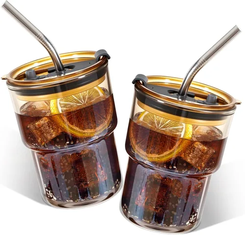Paquete de 2 vasos de vidrio con tapa y pajita de 13 onzas, lindo juego de tazas de café helado a granel, batido, jugo, matcha, té, capuchino, agua,