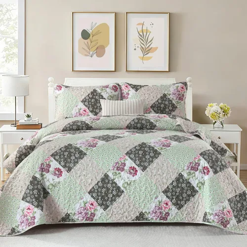 Miniatura 17 de Dinjoy Juego de edredón floral a cuadros de retazos tamaño California King, juego de ropa de cama reversible marrón de microfibra suave, colcha