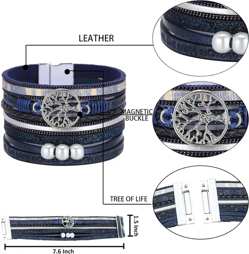 Miniatura 3 de Pulsera envolvente de cuero turquesa, pulseras de cuentas en capas para mujer, pulseras de plumas multicapa, pulsera bohemia occidental para mujer