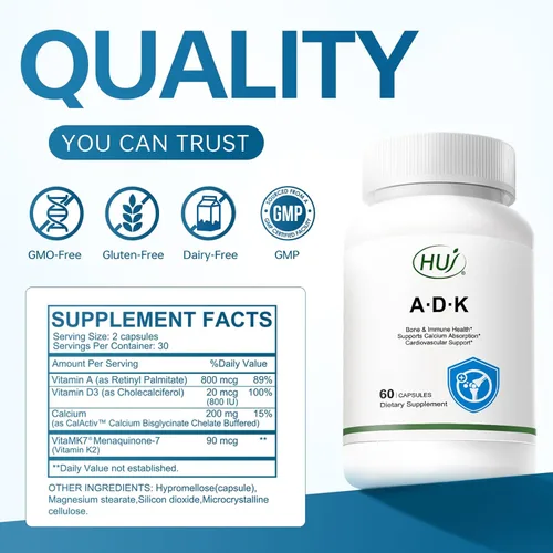 Miniatura 5 de HUJ Suplemento ADK, 60 cápsulas, calcio, vitaminas A, D3, K2 (MK-7)